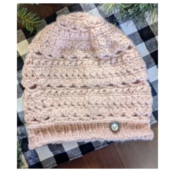 HANDMADE Crochet Dusty Pink Slouch Beanie w/ Authentic Chanel Accent Button - Picture 1 of 4